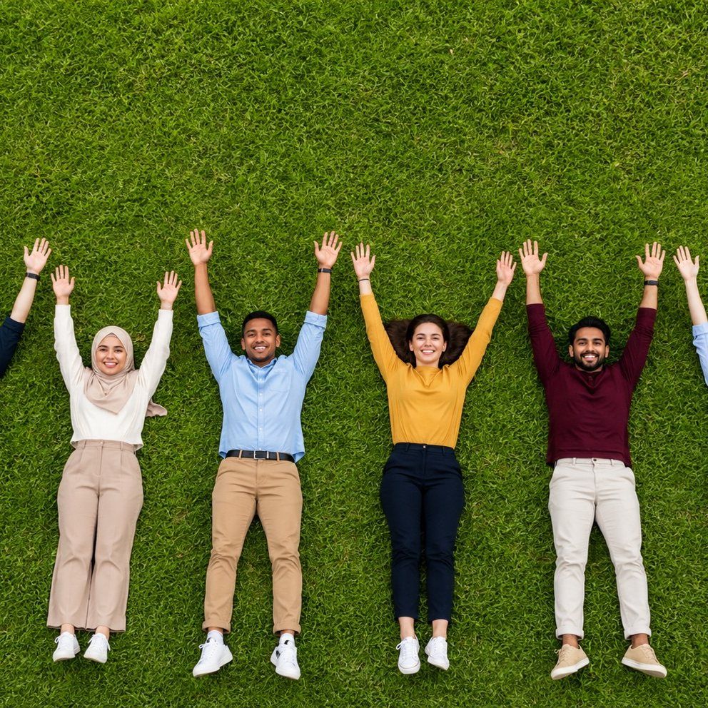 A group of learners lying on the grass
